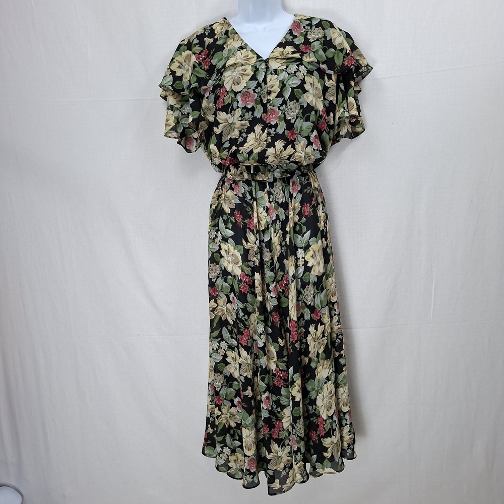 Vintage 80s‎ Dress sz 12 Floral Button Front Midi Flutter Sleeve Collar Belted